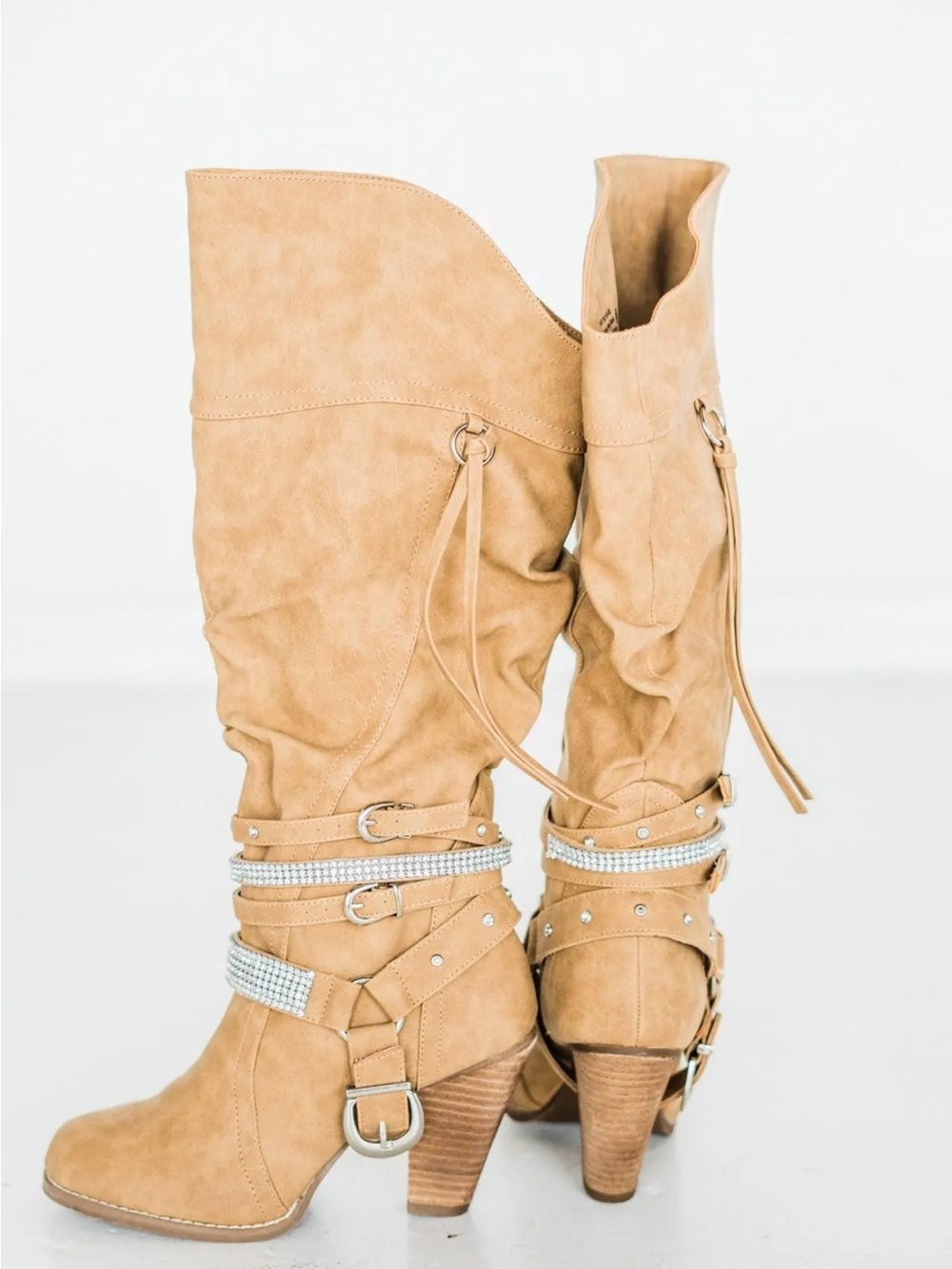 Women's Tan Suede Mid-Calf Heeled Boots with Decorative Strap 8.5